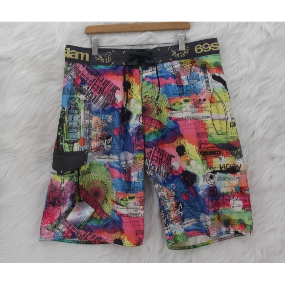 69SLAM Boardshorts Men's Multicolor Graphic Pockets Beach Size 34 #1367